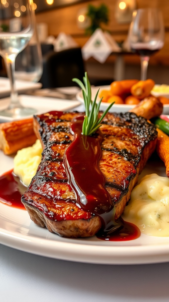 A gourmet ribeye steak with red wine sauce, mashed potatoes, and roasted vegetables on an elegant plate.